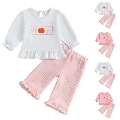 Toddler Girls Halloween Pumpkin Embroidery Long Sleeve Neck Pullover Sweatshirt and Elastic Waist Flared Pants Set