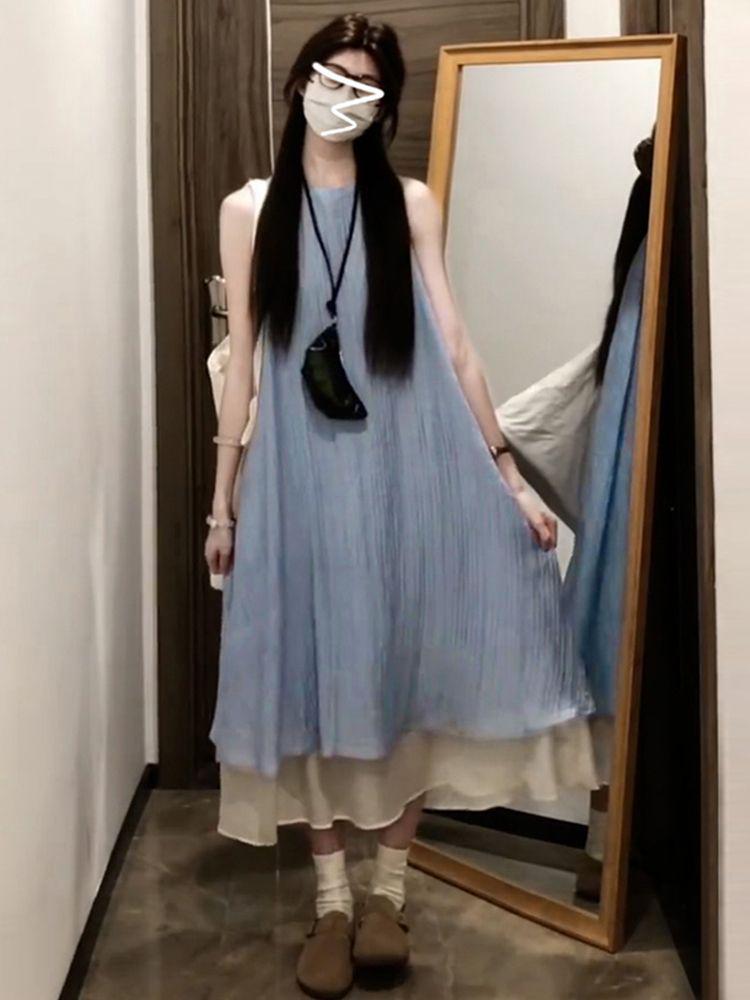 Women s Summer Elegant Long Skirt with French Stripe Textured Two-Piece Look S