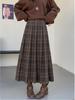 Woolen Retro Plaid Pleated Long Skirt with Elastic Waist for Women - Autumn/Winter Casual Style