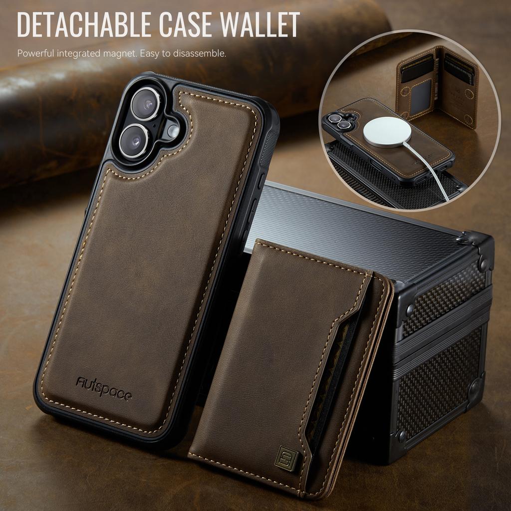 For iPhone 16 Plus Case AUTSPACE A13 Vintage Leather Back Cover with Magnetic Detachable Card Bag