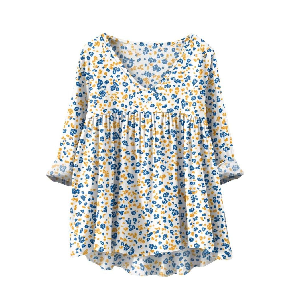 Women's Fashionable And Casual Shirt Long-sleeved V-neck Print Cotton And Linen Blouse