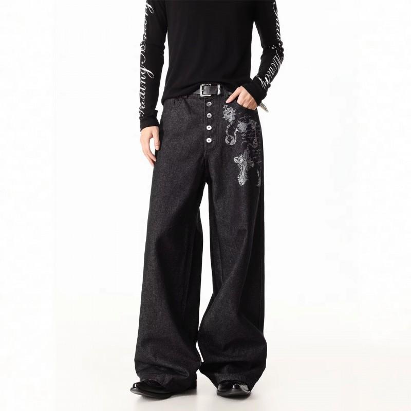 Mens Retro Streetwear Gothic Cross Print Straight Cut Denim Jeans Black Mid-Rise Loose Fit Casual Pants