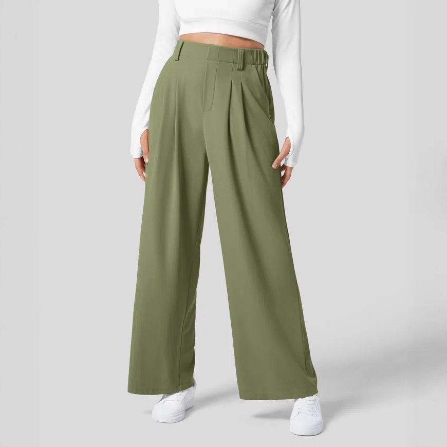 Women's High Waist Pleated Wide Leg Dress Pants Solid Color Office Business Trousers With Side Pockets