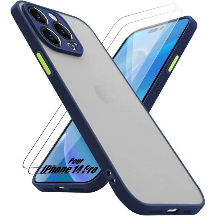 Coque de protection - BOOLING - iPhone 14 Pro - Silicone ultra fine - Bleu marine - 2 verres trempés