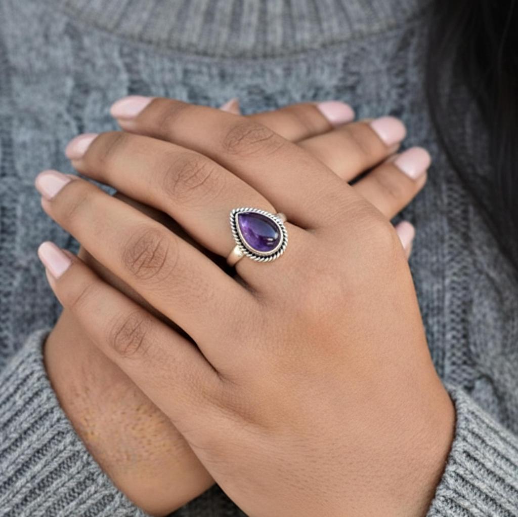 Pear Shape Purple Amethyst Ring, 925 Sterling Silver, Minimalist Statement Ring for Women, Promise Ring