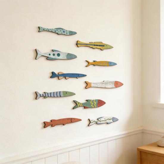 10 Stück Holzfisch Wanddeko Hängende Küsten Strand Wandkunst für Ozean Nautische Dekoration Vintage Fisch Wandskulptur für Seehaus Badezimmer Wohnzimmer