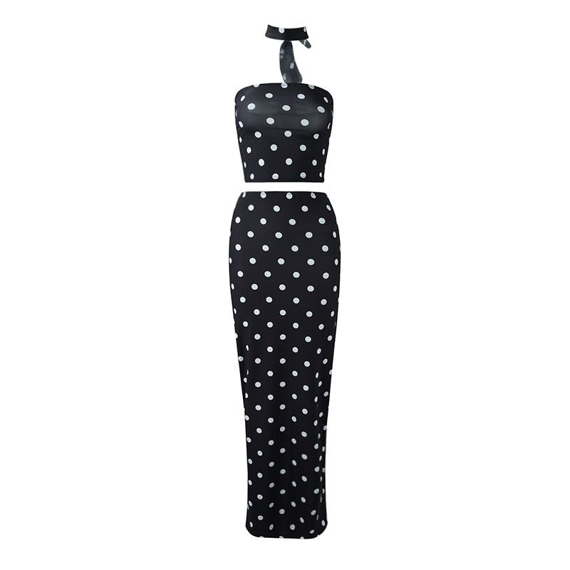 Outfitgirl Elegant Polka Dot Halter Tube Top Tops Female Summer Vacation Backless Slim Fit Sheath Skirt Suit