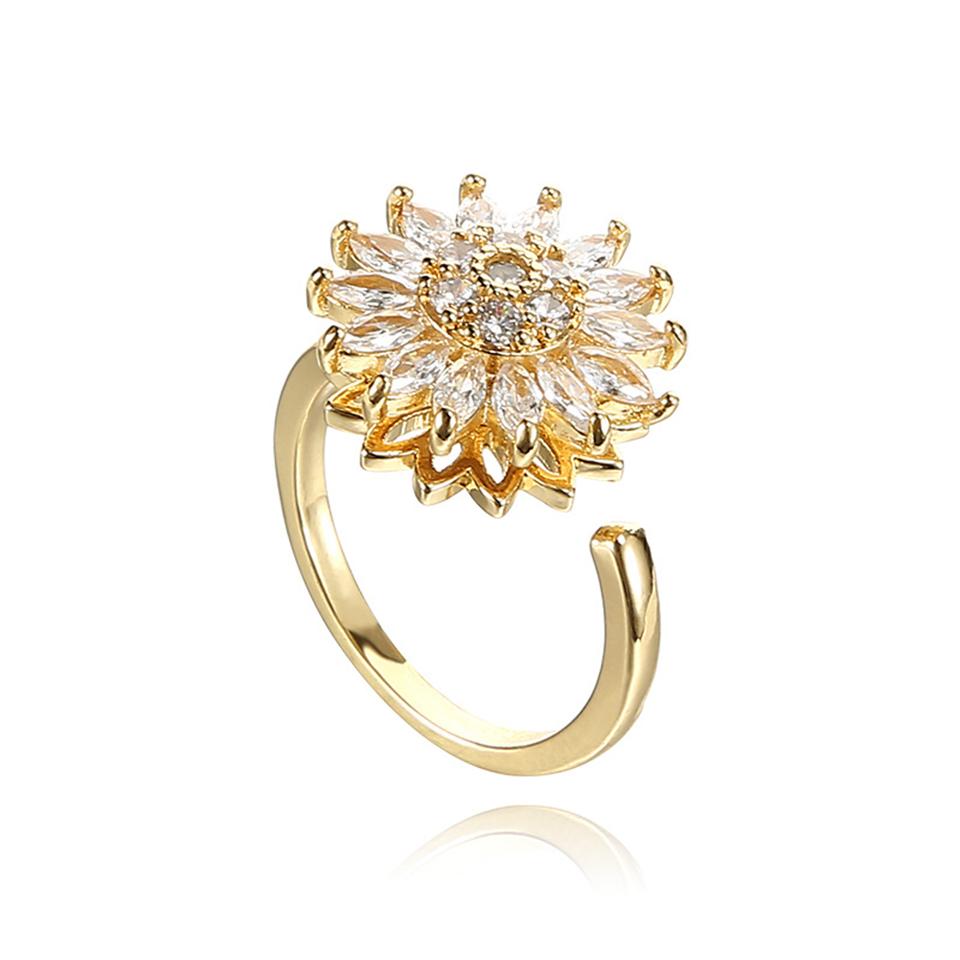 ZAKOL Fashion Crystal Sunflower Rings For Women Elegant Clear Zirconia Adjustable Flower Ring Engagement Wedding Zircon
