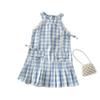 Summer Girls Plaid Sleeveless Dress With Lace Trim Casual Pleated Sundress For Kids Children