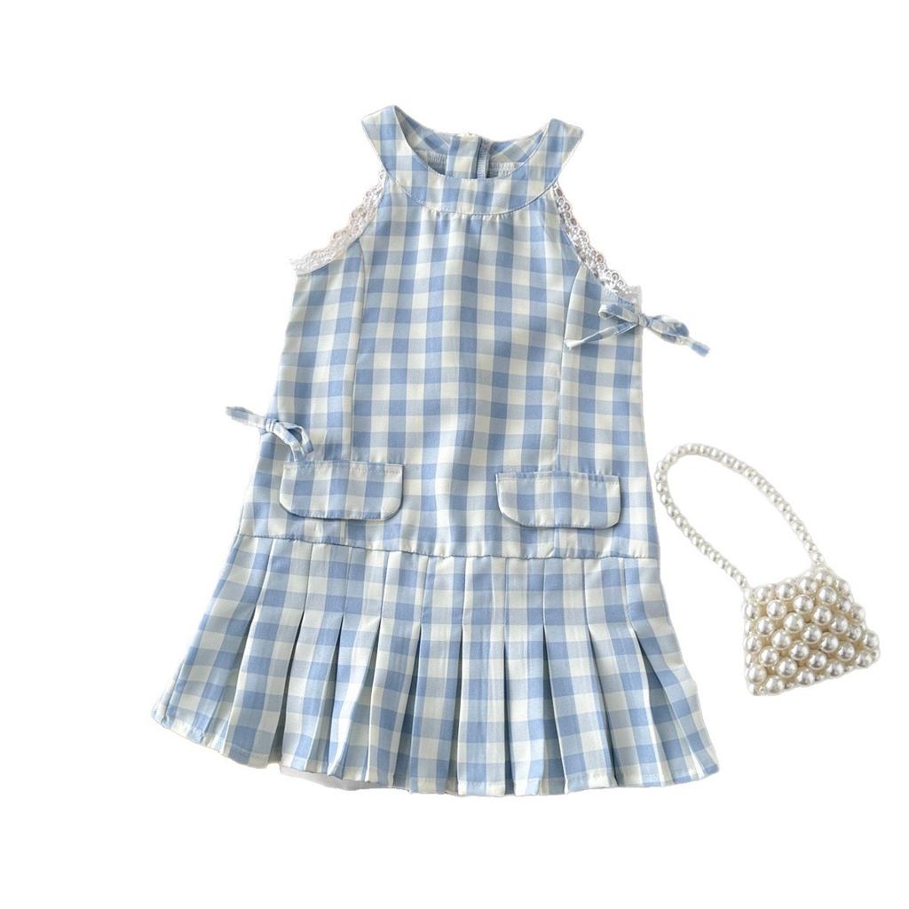 Summer Girls Plaid Sleeveless Dress With Lace Trim Casual Pleated Sundress For Kids Children