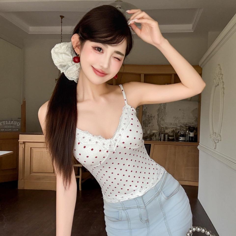 #Summer new sweet and spicy style jacquard print sling vest female slim one-piece chest pad versatile top
