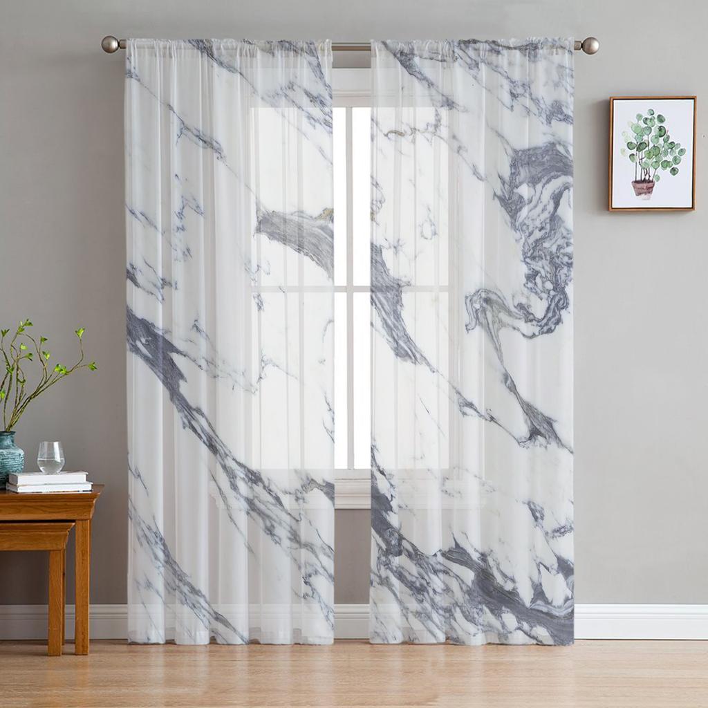 Weißer und goldener Muster-Marmor-Voile-Vorhang für Wohnzimmer, transparenter Tüll-Fenstervorhang für Schlafzimmer-Accessoires-Dekor