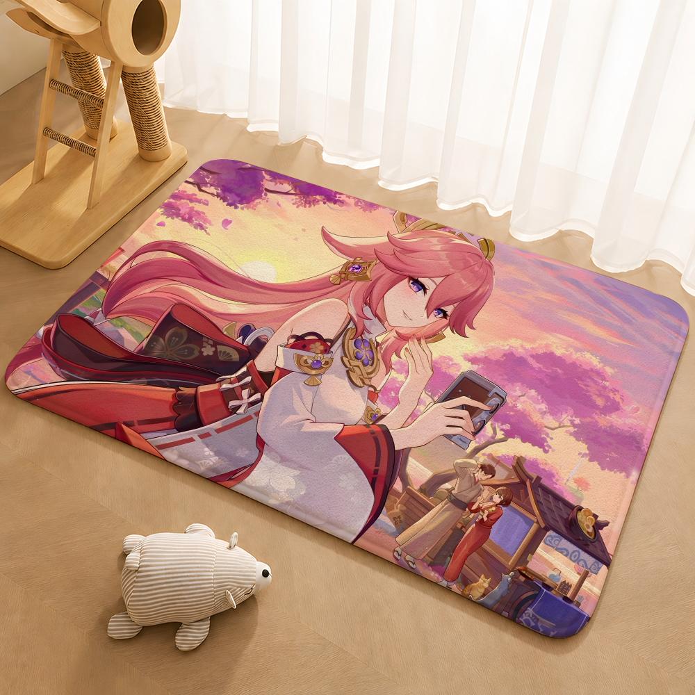 Genshin Impact Yae Miko Floor Mat Floor Mat Soft Flannel Non-Slip Door  Rug for Living Room