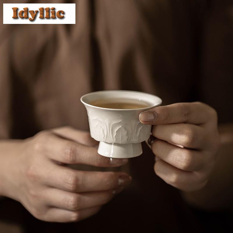 2pc/lot Plant Ash Handmade Relief High Foot Teacup Retro Tea Bowl Mug Tea-tasting Fragrance Cup Jianzhan Master Cups Cafes 45ml