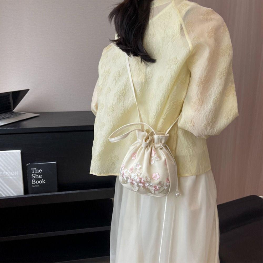 Ethnic Style Embroidery Flower Handbag Chinese Floral Bucket Bag Hanfu Drawstring Bag Shopping