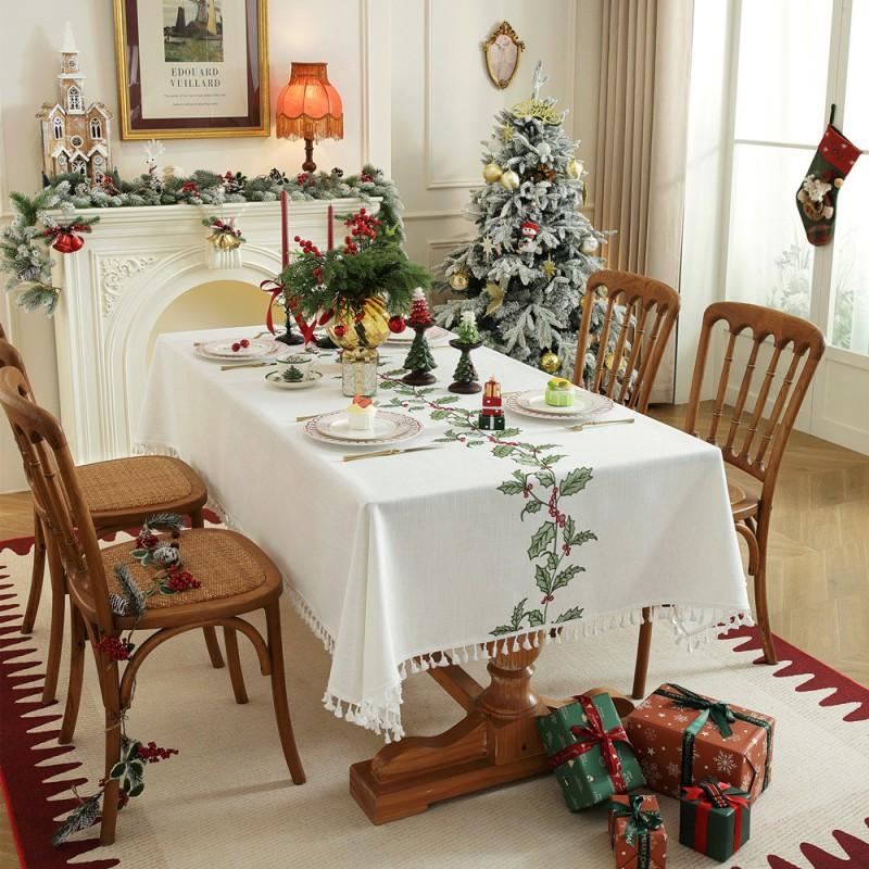 Embroidered Christmas Tablecloth Rectangle Floral Table Cover With Tassels Dining