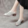 Summer New Genuine Leather Slippers Women's Retro Ethnic Style Thick Wedges Shoe Fish Mouth Mom Slippers Women Hollow Sandals