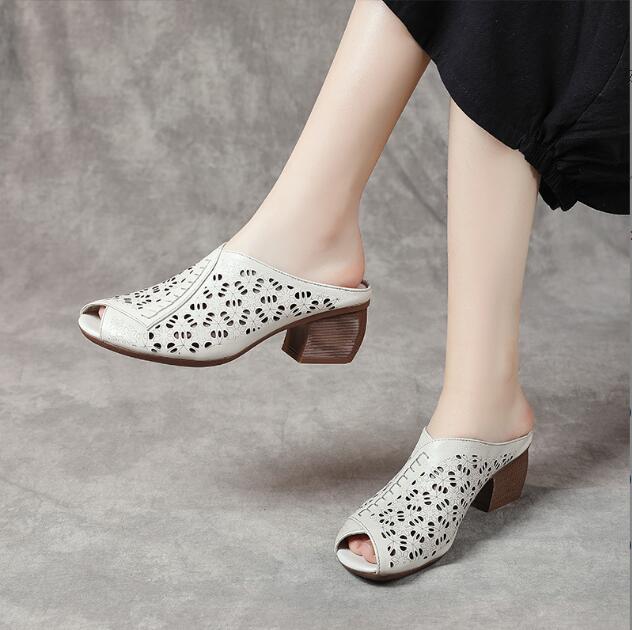 Summer New Genuine Leather Slippers Women's Retro Ethnic Style Thick Wedges Shoe Fish Mouth Mom Slippers Women Hollow Sandals