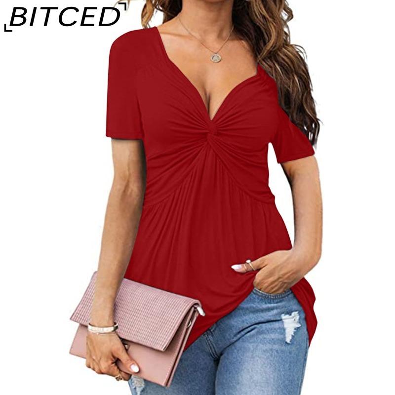 BITCED Women's V-Neck Front-Twist Short-Sleeved Elegant Casual T-Shirt Solid-Colour Pullover Top