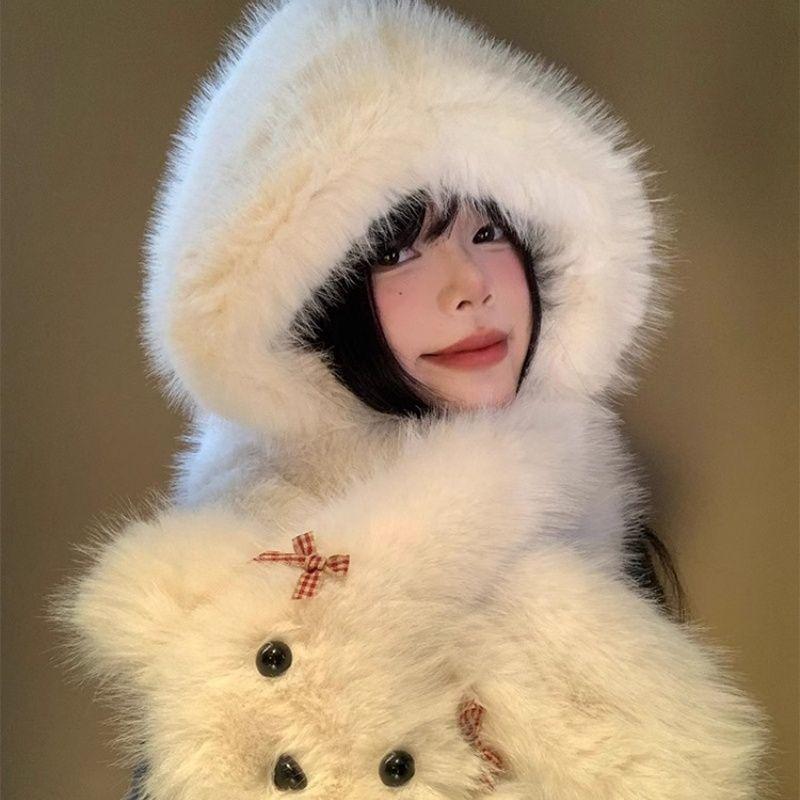 Women's Super Cute Bowknot Puppy Autumn Winter Warm Hat Scarf Integrated Face-Flattering Ear Protection Cute Hat