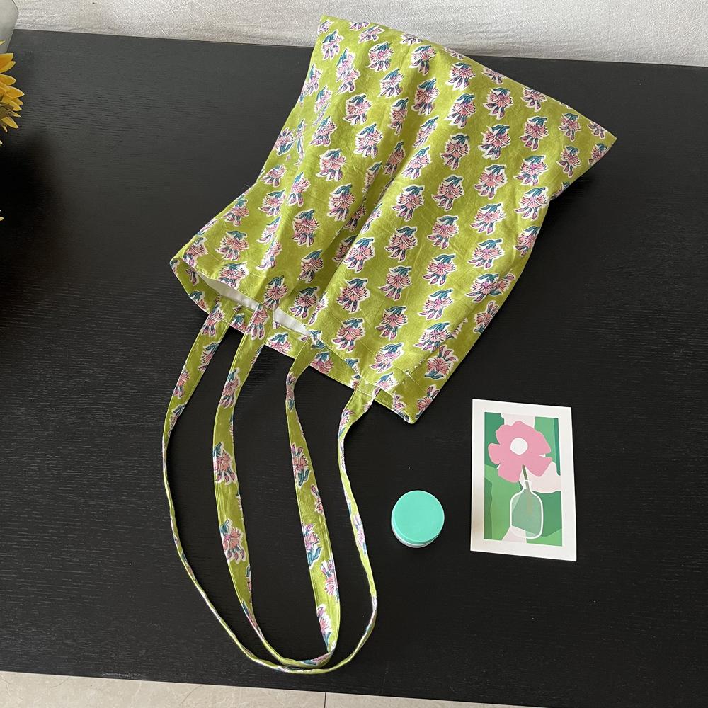 

Spring Floral Versatile Cott Shoulder Bags for Women Simple Ladies Thin Tote Handbags Lightweight Portable Girls Shopping Bag зелёный