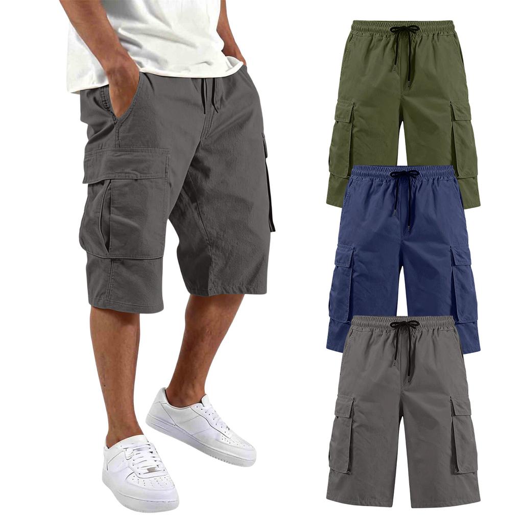 Mens Cargo Shorts 3 Pack Multi Pocket Drawstring Waist Relaxed Fit Knee Length Workwear Shorts for Daily Wear
