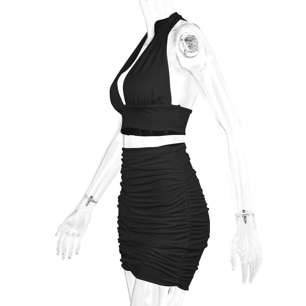2024 Women's Halter Tie-up Two-Piece Bodycon Set: European and American Style Sexy Ruched V-neck Camisole Dress