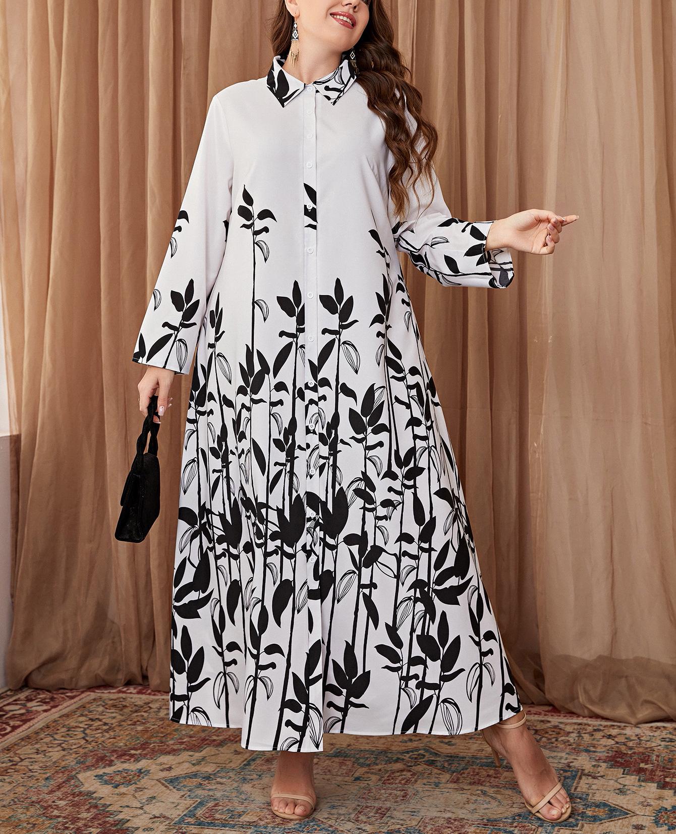 Plus Size Retro Artistic Printed Shirt Dress with Collar 4XL