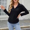 Women's Fashionable Solid Color Lapel Long Sleeved Casual Pullover T-shirt Top