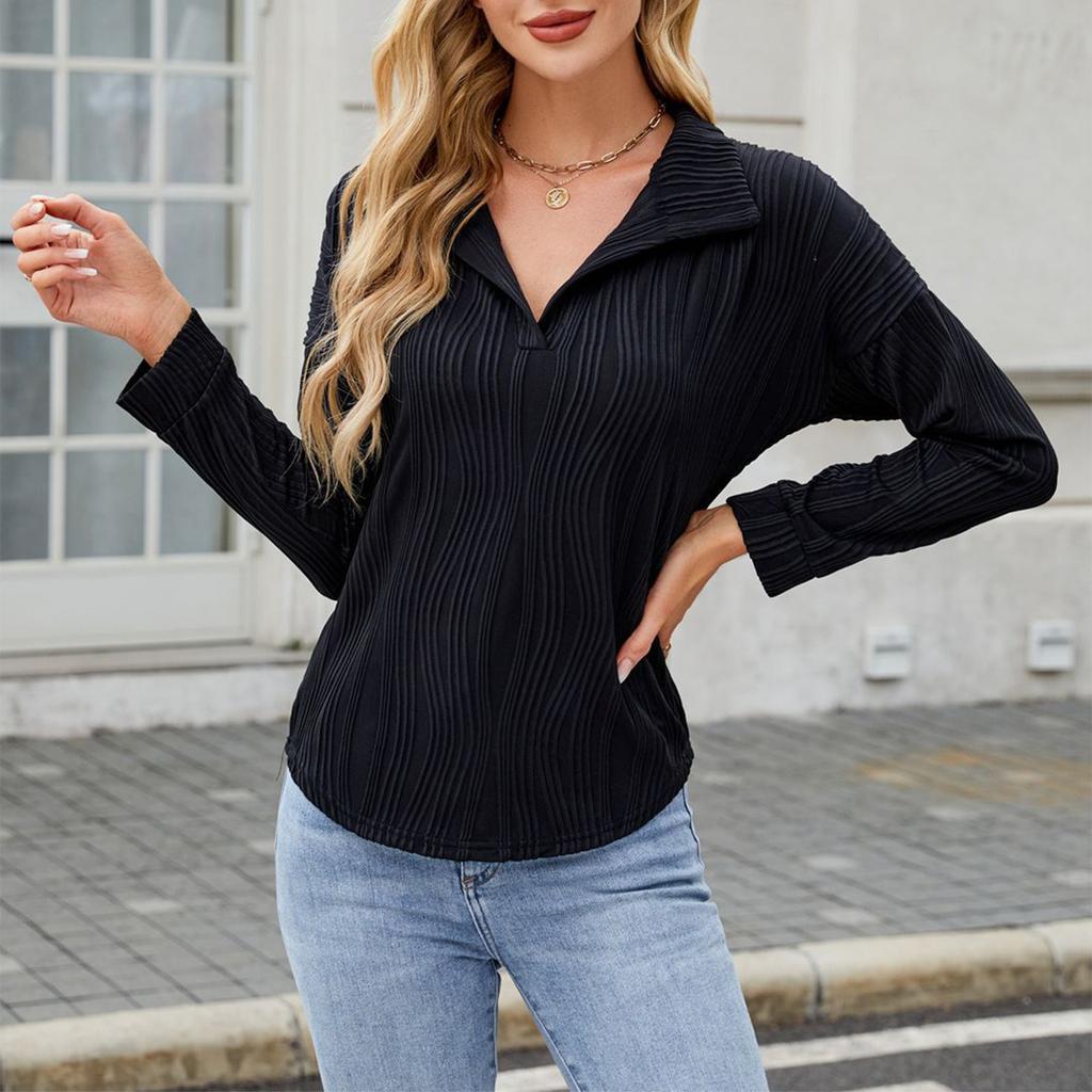 Women's Fashionable Solid Color Lapel Long Sleeved Casual Pullover T-shirt Top