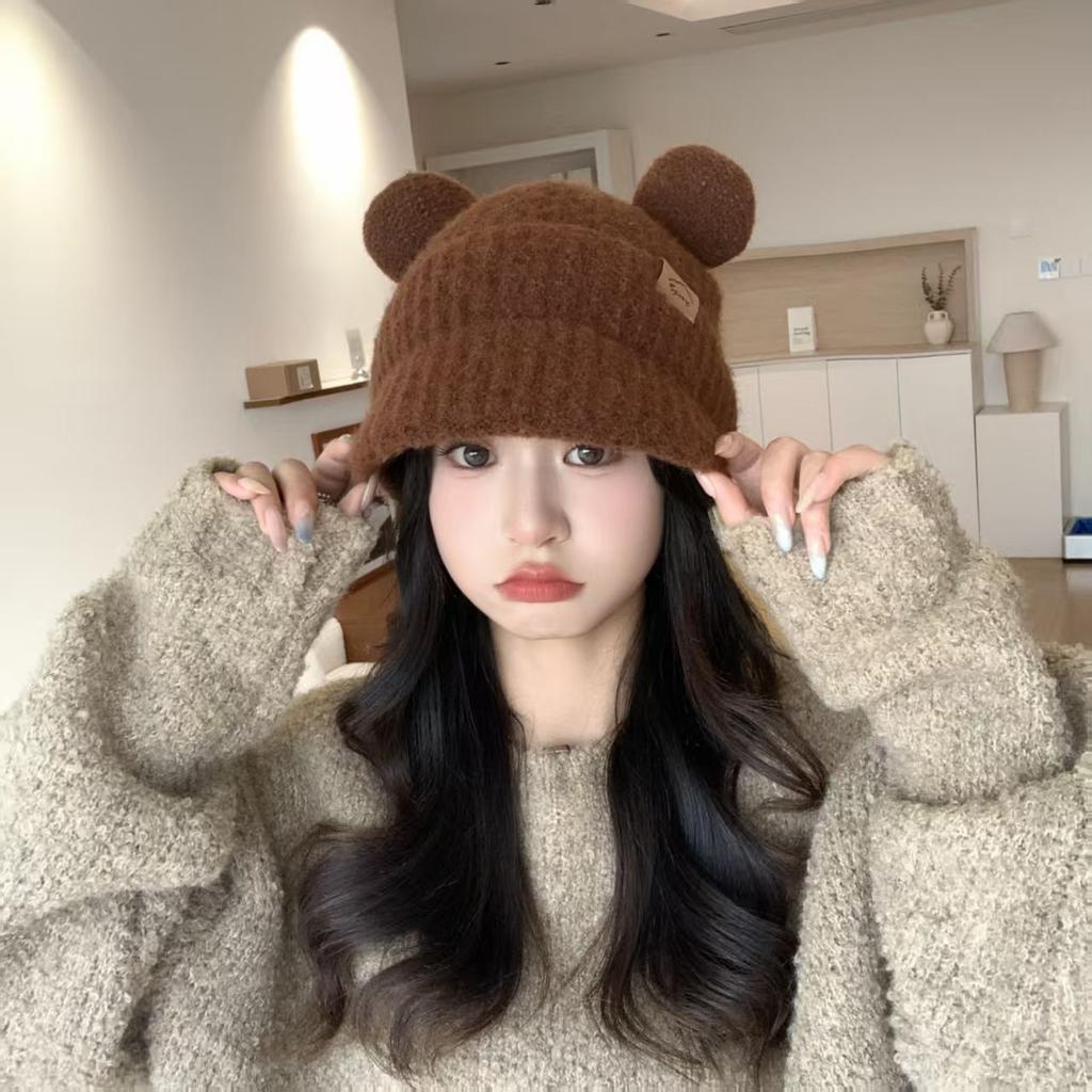 Autumn and winter new cute bear round ears wool hat women's headband hat showing a small face warm ear protection knitted hat