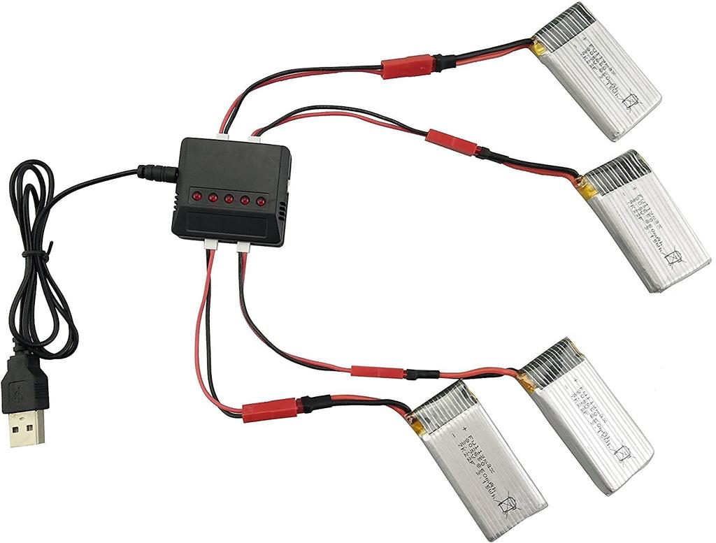 LiPo Battery Kit 4x 3.7V 850mAh with USB Charger | Compatible with Syma X56, X56W, X54HW, X54HC 50x26x9 Mm