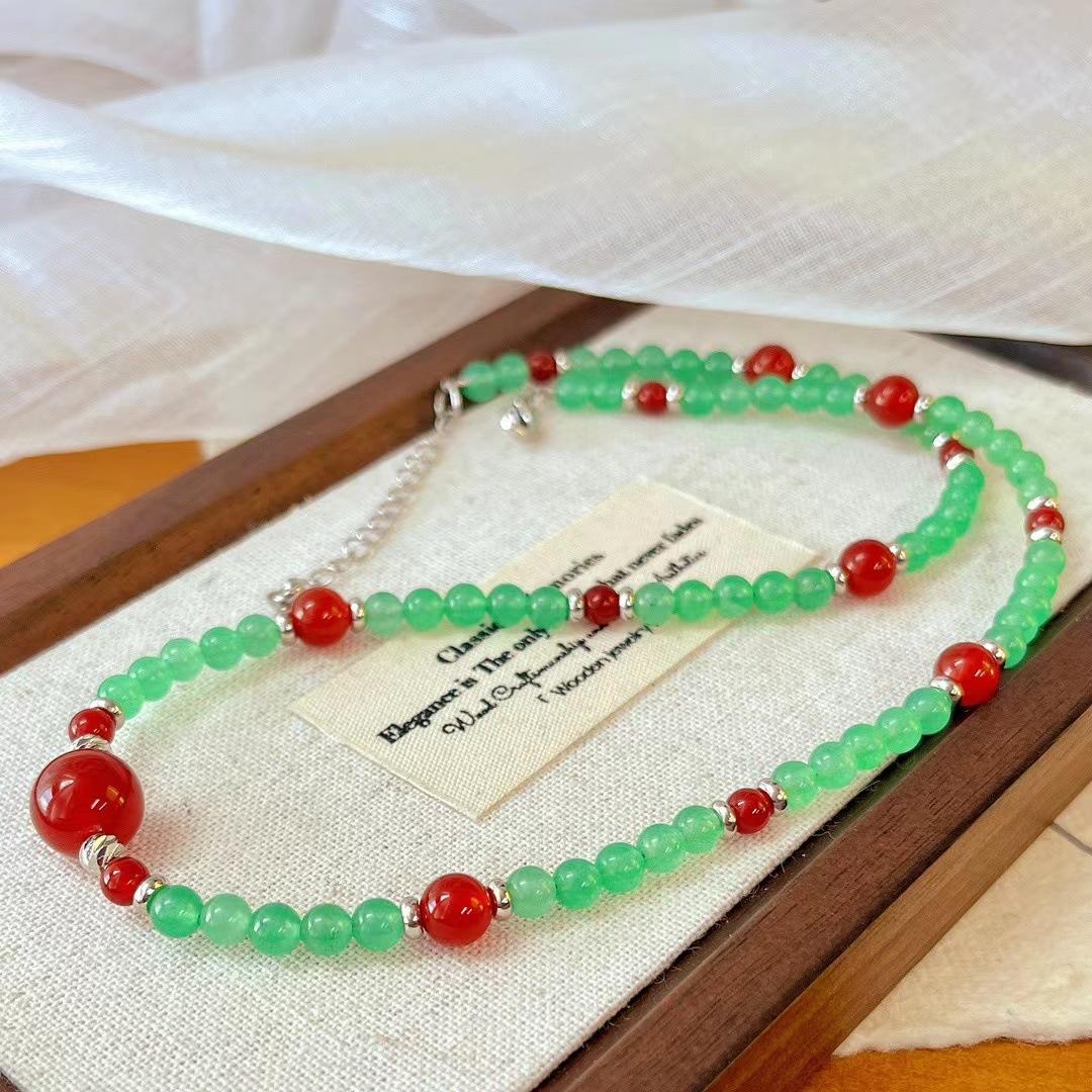 Vintage National Tide Necklace Women S Natural Green Quartzite Chalcedony Collarbone Chain Niche Temperament Necklace