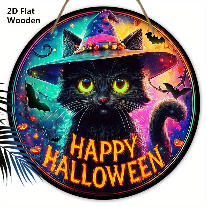 Wooden Halloween Sign with Black Cat Pattern Design - Unique Wall Pediments with Happy Halloween - Ideal for Front Door, Yard, Porch, Room Decor