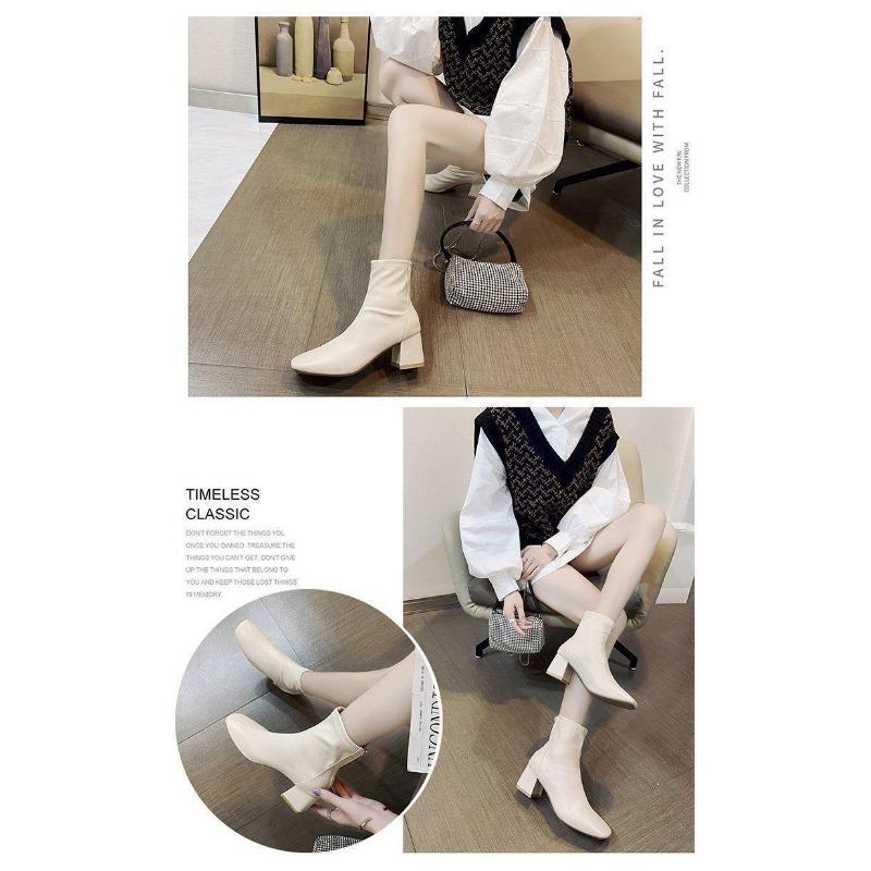 Women's Boots, Winter Square Head Back Zip Short Boots, Women's Chunky Heel Middle Heel Boots Women