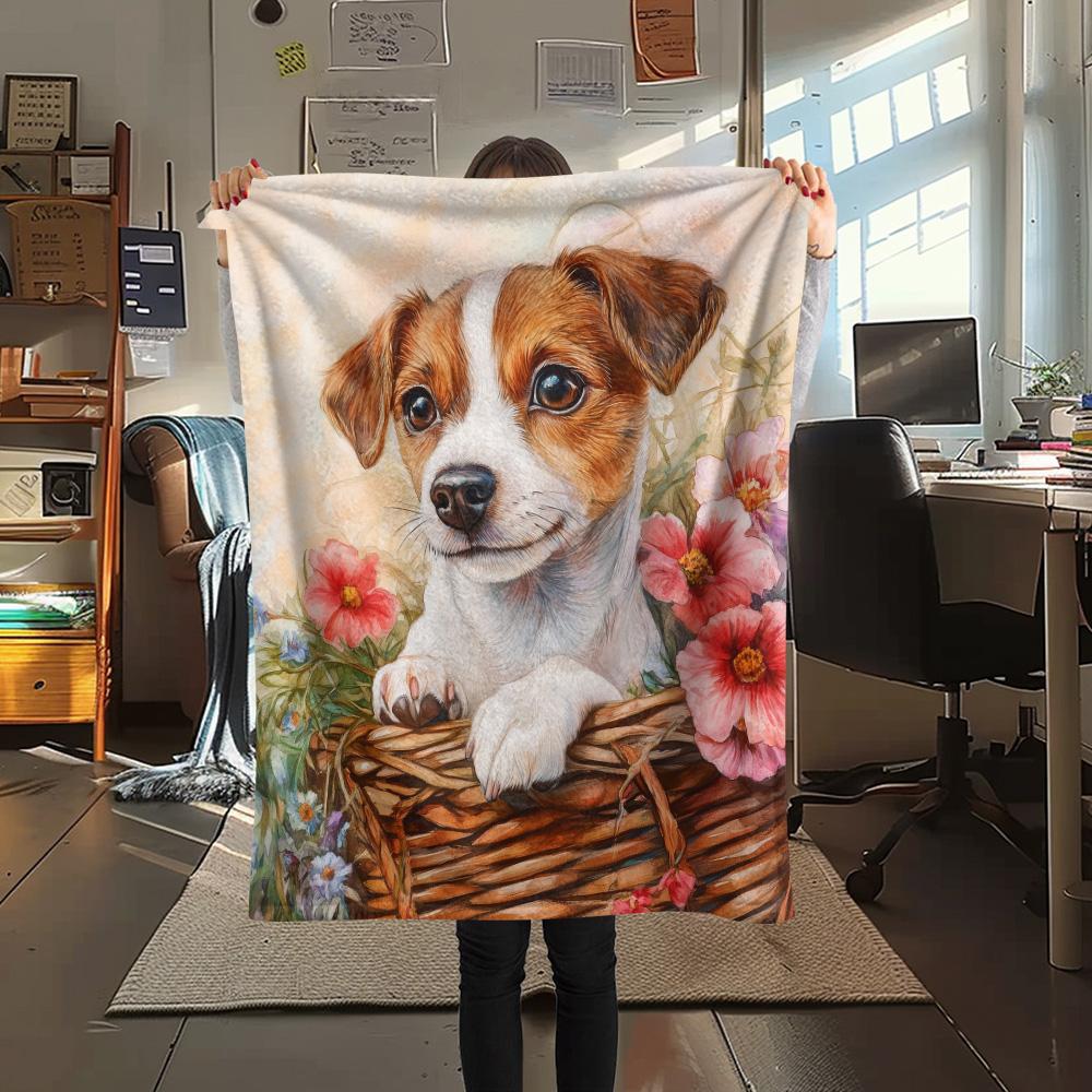 Flower Basket Dogs Print Flannel Blanket, High quality Comfortable for All Seasons, Home Decor, Warmth and Comfort