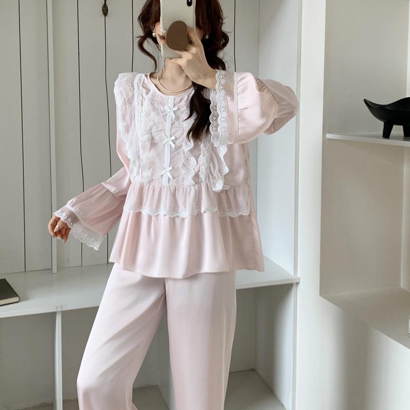 Ice silk pajamas women's spring and summer new lace long-sleeved trousers silk suit thin can be worn outside the Korean version of the court style