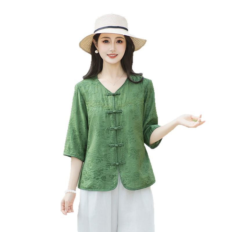 Retro Chinese Style Summer Embroidered Frog Button Cardigan for Moms - Mid-Sleeve Top for Middle-Aged and Elderly Women