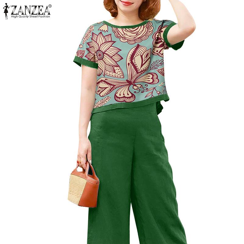 

ZANZEA Женские повседневные комплекты из блузки и брюк с принтом из двух предметов S темно-зеленого