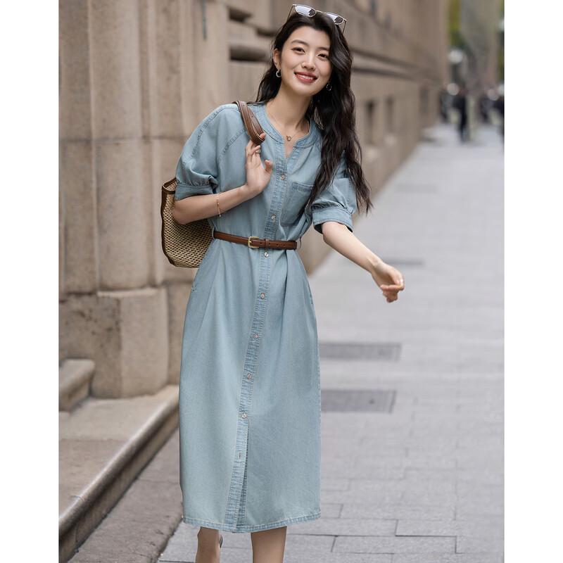 Demana Cloud Cotton V-Neck Belted Denim Dress