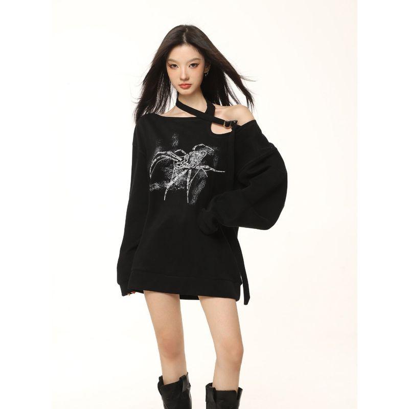 Shiyiyue One-Word Oblique Shoulder Spider Print Sweatshirt Female Spring & Fall Stylish Niche Style Sexy Halterneck Long-Sleeved Tops