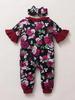 Romper Jumpsuit Baby Rose Print Floral Headband Ruffle Set 7693 Black 74 [Misia Luxury] 2-Piece (6-9 Months)