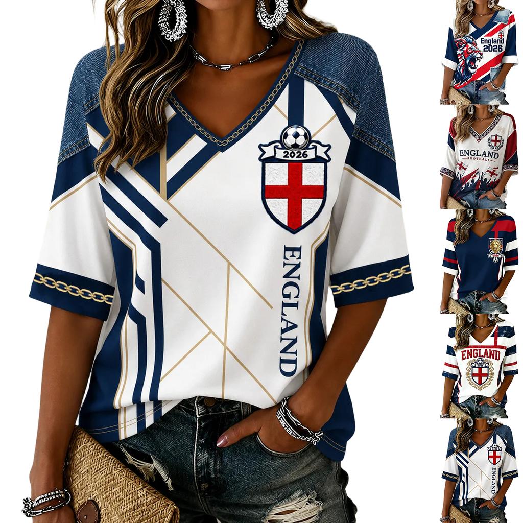 Top da donna leggero con scollo a V e stampa grafica Design Calcio Inghilterra 2026 Camicia casual per primavera estate Vestibilità ampia