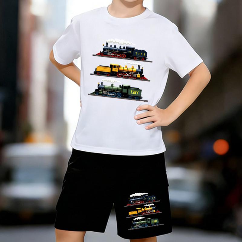 

Boys 2 Piece Cartoon steam train printed outfit, Short Sleeve T-Shirt and Shorts Set for Kids Age 5-14, White,Black Sporty Casual Summer Clothes 13-14 Years