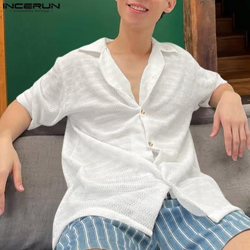 INCERUN Plus SIze Men Short Sleeve Solid Hollow Out Casual Texture Shirts
