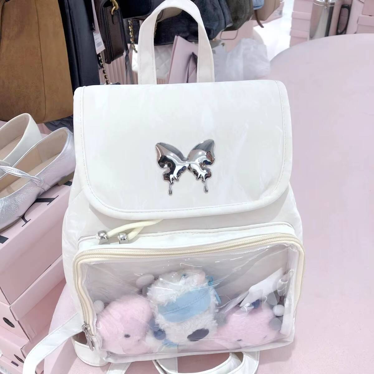 

New Y2K Sweet Womens Butterfly Ita Backpacks Cute Girls Transparent Rucksacks Fashion Large Capacity DIY Display Travel Knapsack 27x25x11cm бежевий