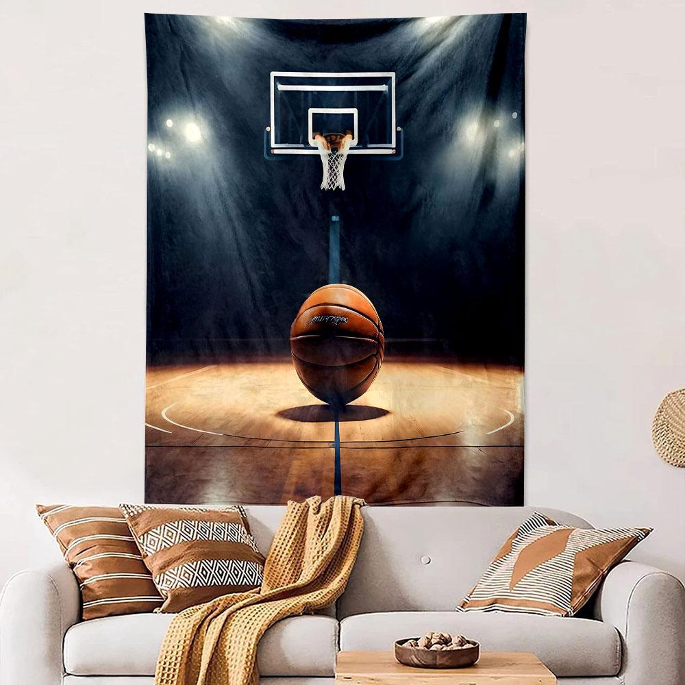 Basketball Court with Glowing Hoop Patterned Tapestry Decorative Wall Hanging, Home Bedroom Living Room Decor