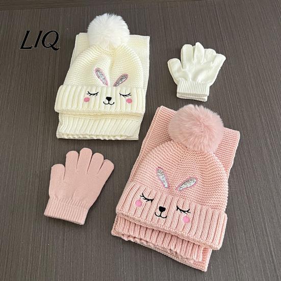 Thermal Winter Accessories for Boys Girls Hat Gloves Scarf Set Kids, Warm Knitted Pompom Hat, Cute Outings Bunny Embroidery, Cozy Ages 2 to 6 Gift