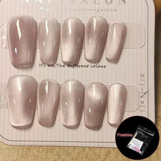 100% Handmade Coffin Shape Pink Champagne Full Cat Eye Fake Nails Art Simple Versatile Nails Reusable and Removabl Fake Nail Set with Glue