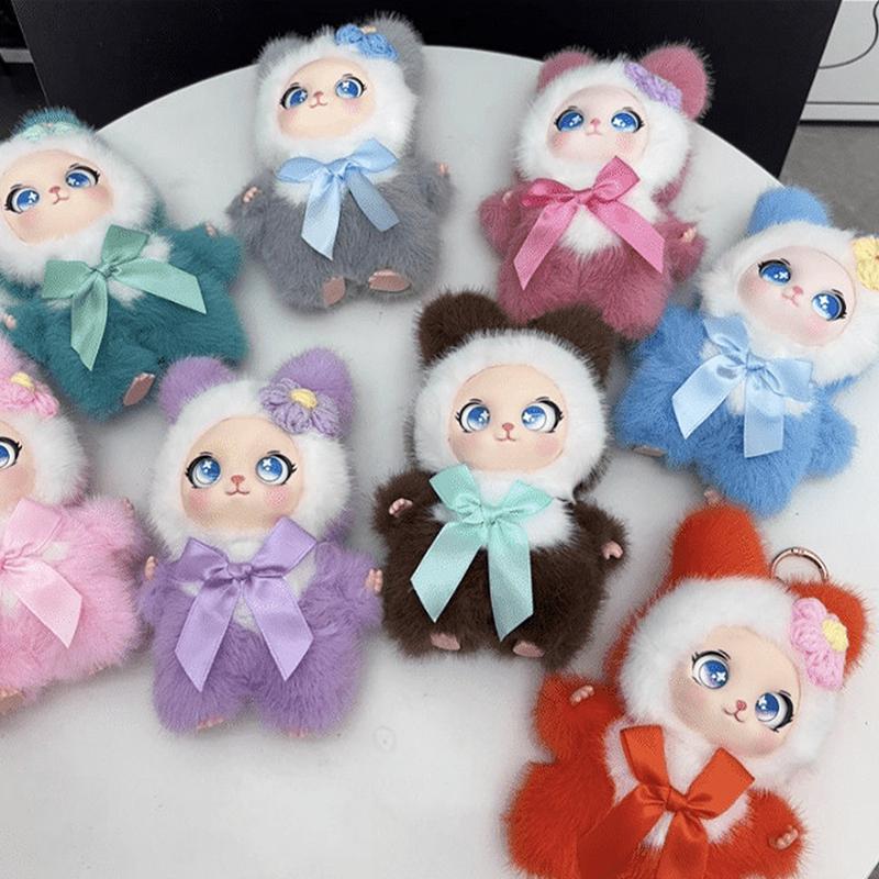 Soft Kawaii Plush Bunny Pendant with Knitted Flower Bow Fashion Bag Charm for Girls Birthday Gift Schoolbag Decor
